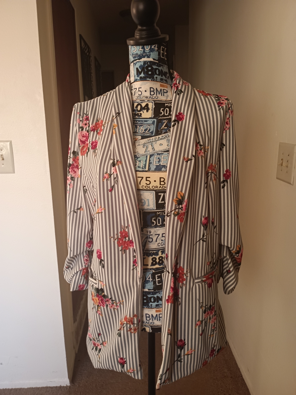Striped Floral Open Front Blazer - Gray/White with Pink Floral